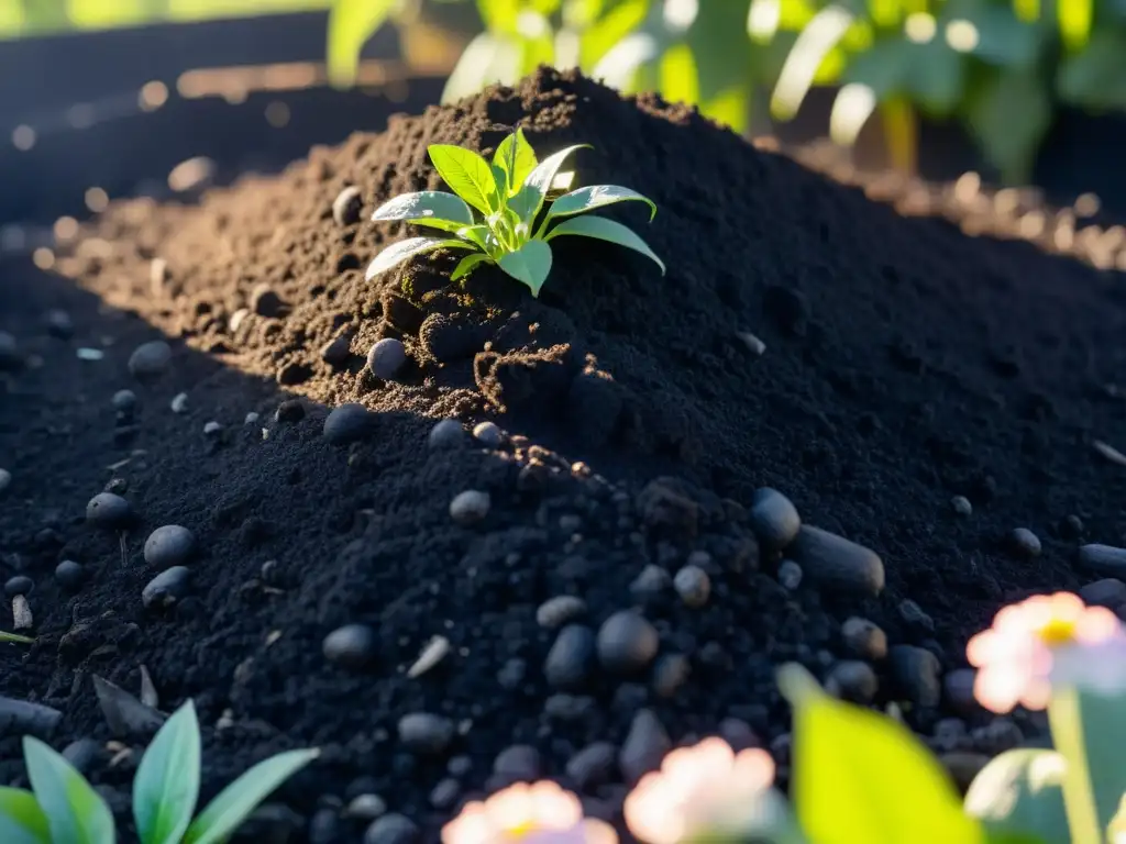 Compostaje con carbón biochar: Pila de biochar oscuro y fértil en la luz matutina, rodeada de plantas verdes y flores coloridas