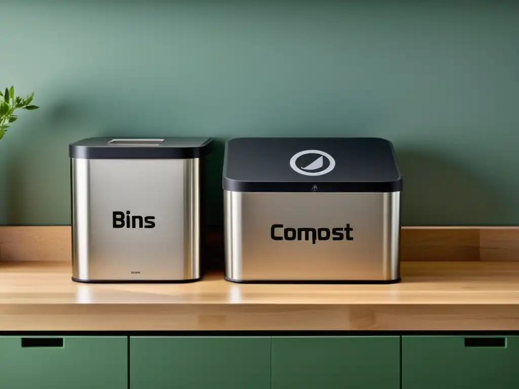 Compostaje y reciclaje en el hogar: Cocina moderna con contenedores separados para compostaje y reciclaje, integrados en el ambiente doméstico