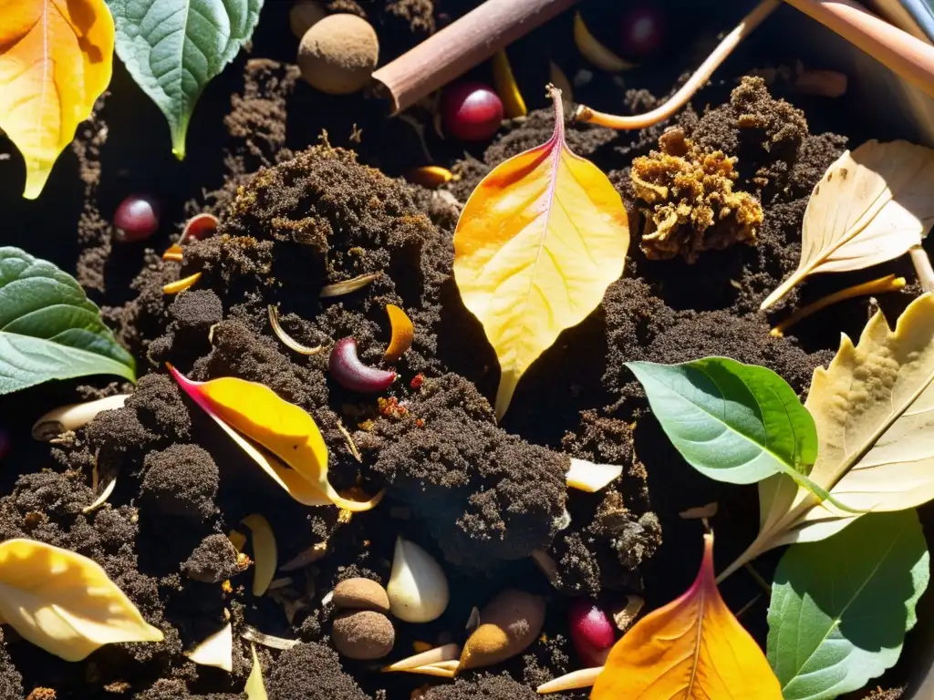 Un compostaje para reducir residuos orgánicos en un jardín, con microorganismos y lombrices descomponiendo materia orgánica bajo la luz del sol