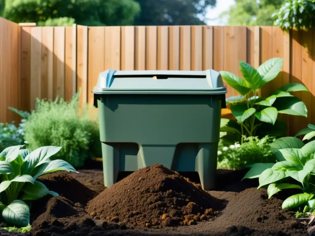 Un compostaje residuos orgánicos sostenible en un entorno natural y luminoso, promoviendo prácticas eco-amigables