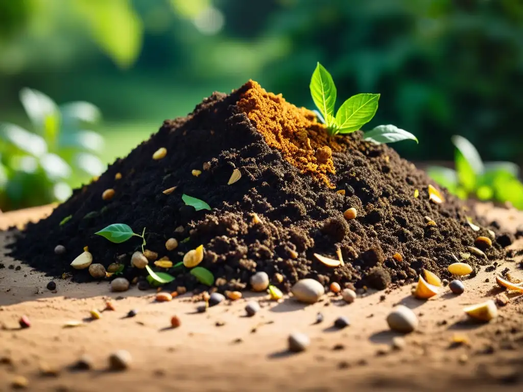 Compostaje residuos orgánicos sostenible: Pila de compost rodeada de vegetación exuberante, bañada por la cálida luz del sol