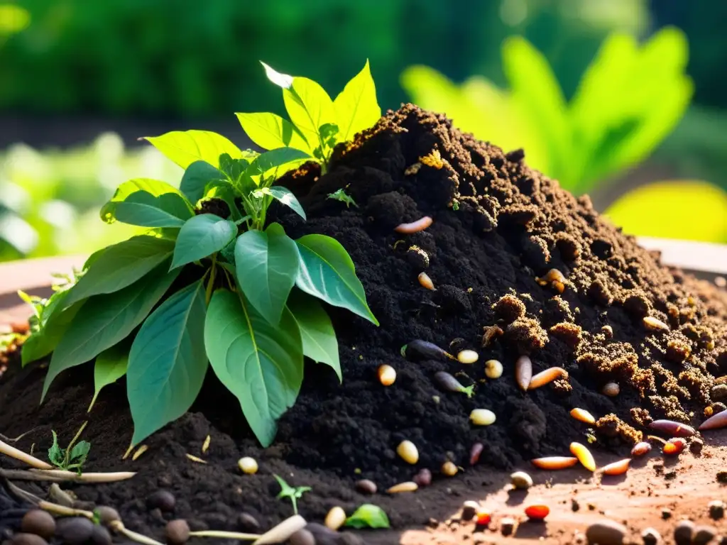 Compostaje residuos orgánicos sostenible: Pila de compost verde en jardín soleado, con vapor y lombrices, promoviendo la sostenibilidad