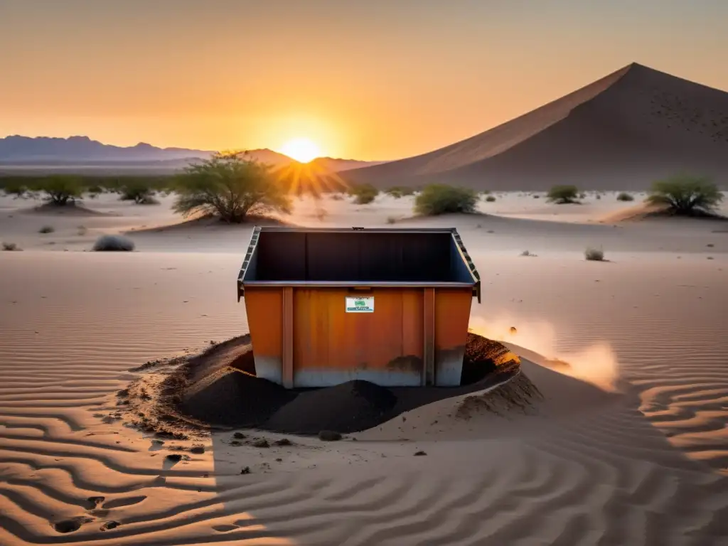 Compostaje en seco climas áridos: paisaje desértico con compostera de madera, suelo seco y sol poniente