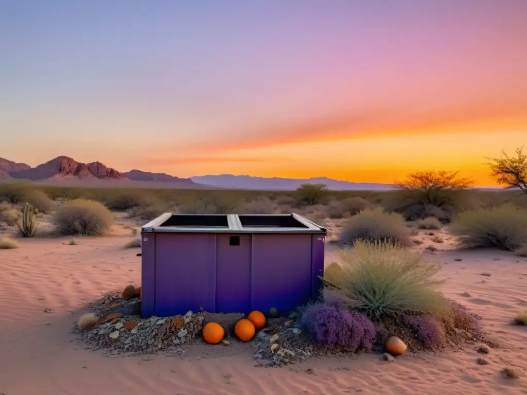 Compostaje seco en zonas áridas: paisaje desértico con vida sostenible, compostera de madera y fauna exploradora al atardecer