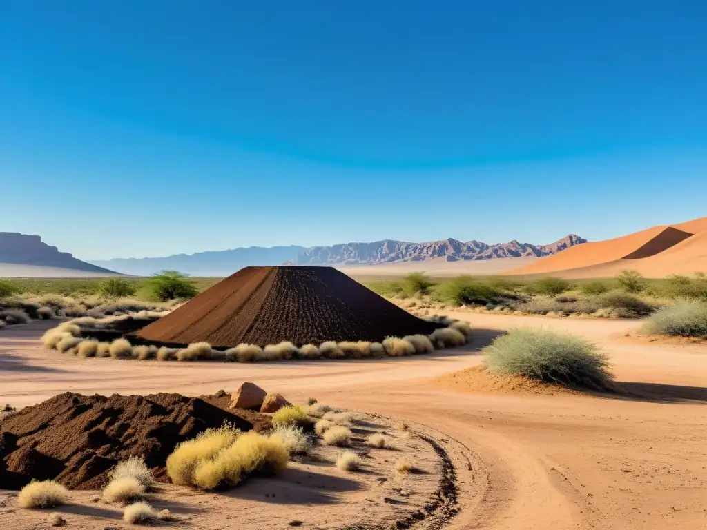 Compostaje seco en zonas áridas: paisaje sereno del desierto con área de compostaje en primer plano, mostrando práctica sostenible