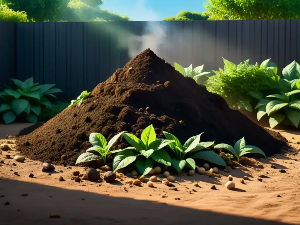 Compostaje sereno en un jardín exuberante Un compostaje sereno y armonioso en un jardín exuberante, integración de prácticas sostenibles