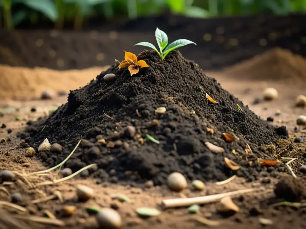 Un compostaje sereno y natural, resaltando la belleza de la descomposición orgánica