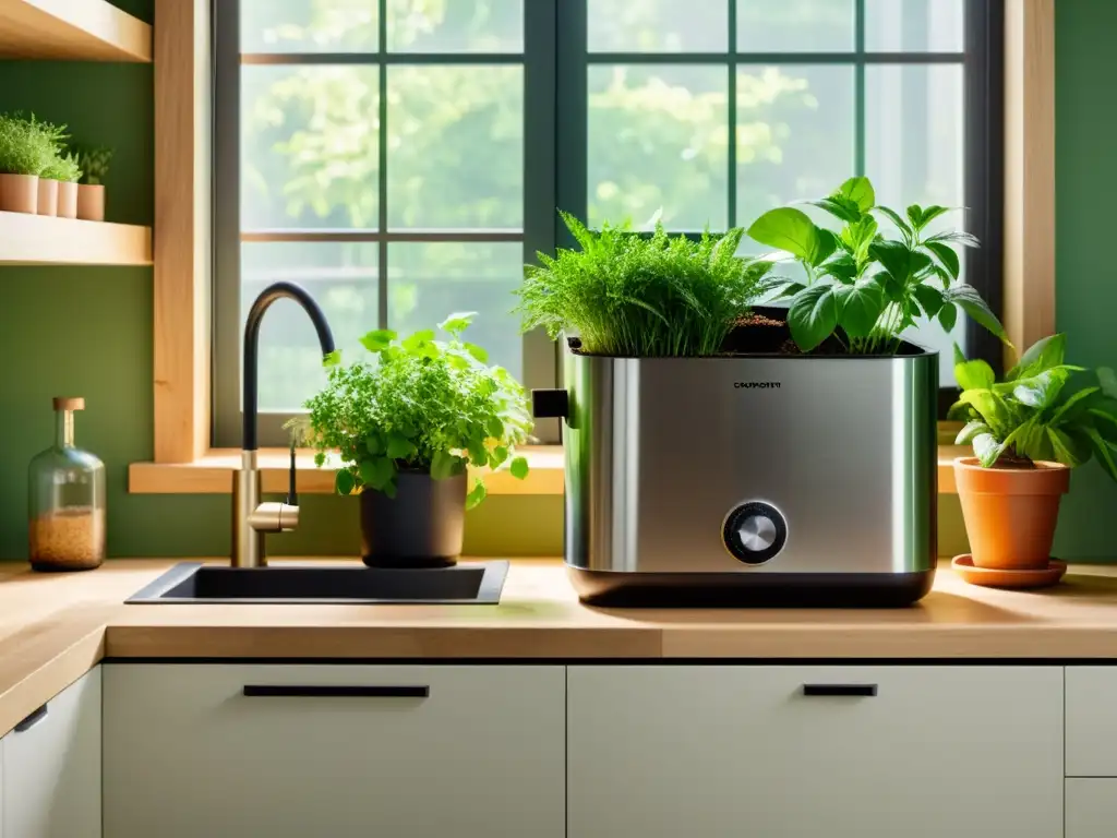 Compostaje de sobras de cocina en encimera minimalista con hierbas y plantas, bañadas por luz natural