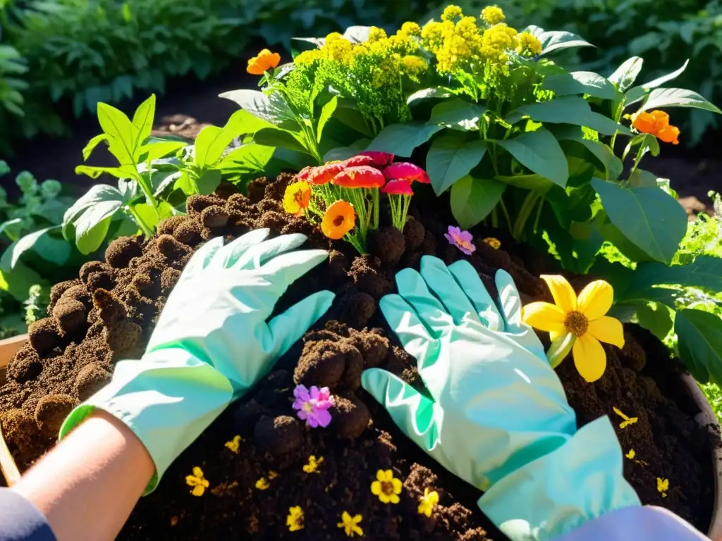 Un compostaje sostenible en armonía con la naturaleza: manos cuidadosas voltean el abono entre flores y insectos