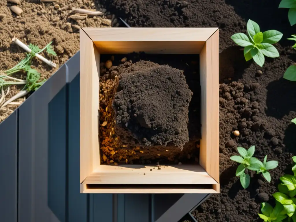 Un compostaje sostenible en casa: Detalle de un montón de compost simétrico en un contenedor moderno de madera clara