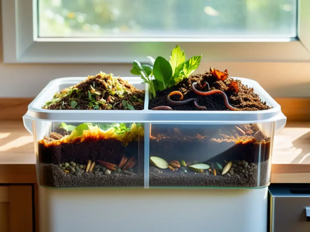 Compostaje sostenible en el hogar: detalle de un compostero transparente en una cocina, con descomposición natural y microorganismos