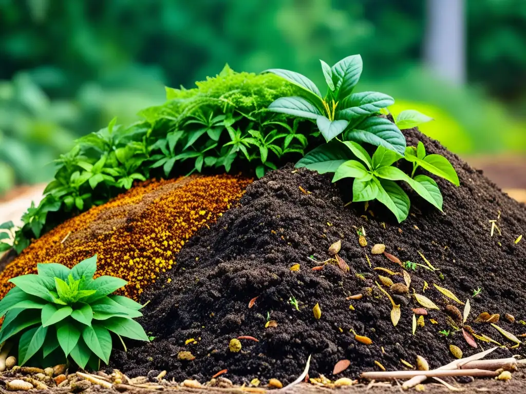 Compostaje sostenible: pila de compost verde rodeada de exuberante vegetación, destacando las tecnologías para un negocio sostenible