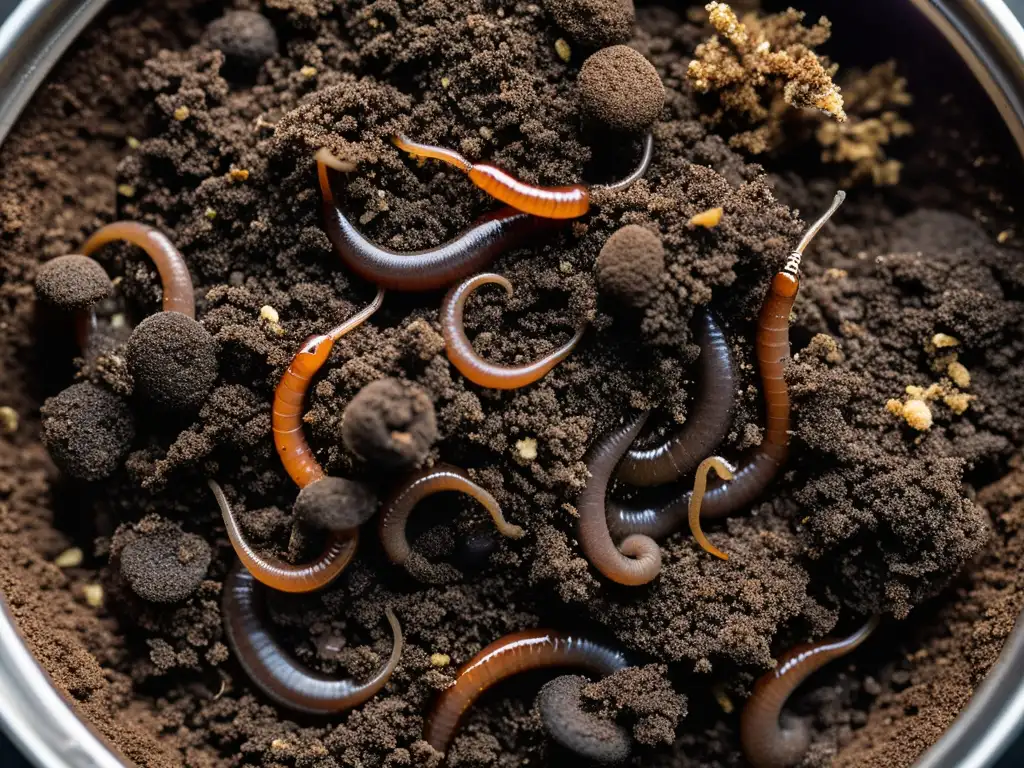 Compostaje para revitalizar suelos empobrecidos: imagen detallada y rica de compost oscuro y lleno de vida, en un contenedor minimalista