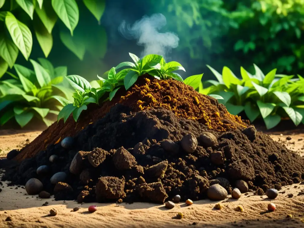 Un compostaje tradicional rodeado de exuberante vegetación, con vapor visible