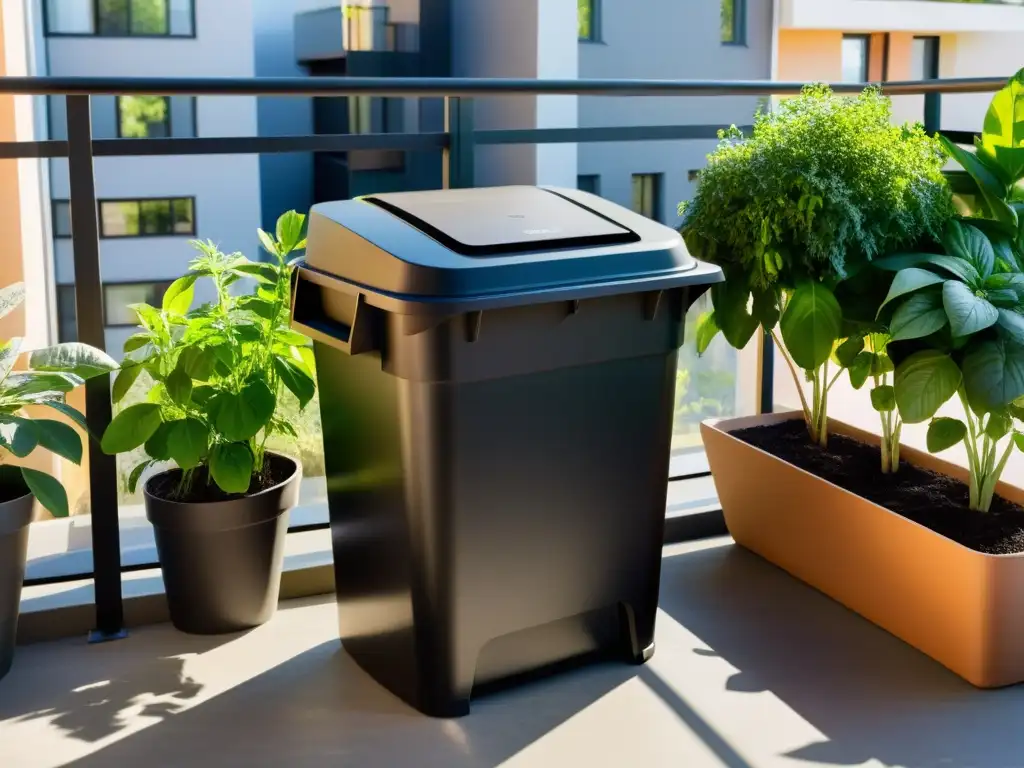 Compostaje urbano en espacios reducidos: contenedor de compostaje negro en un balcón soleado rodeado de hierbas y vegetación en macetas