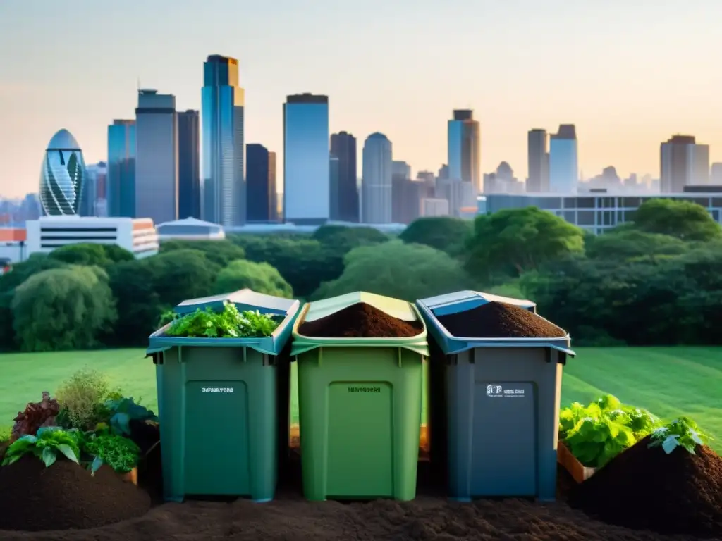 Compostaje urbano en espacios reducidos: armonía sostenible en la ciudad moderna con contenedores discretos y skyline urbano