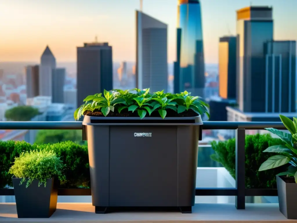 Un compostaje urbano en espacios reducidos: un pequeño contenedor con plantas en un balcón urbano, creando un ambiente tranquilo y acogedor