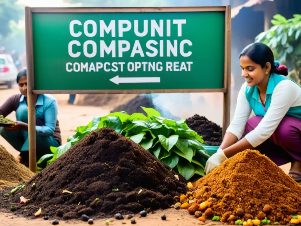 Compostaje urbano en India: comunidad transforma residuos orgánicos en valioso compost, escena inspiradora y dinámica en la bulliciosa calle