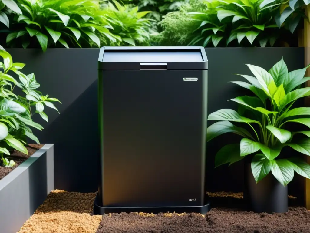 Compostaje vertical en jardín: sistema moderno de compostaje en un entorno natural con plantas exuberantes y suelo orgánico