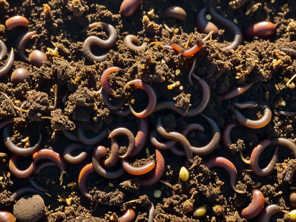 Compostaje vivo y detallado con tierra y lombrices