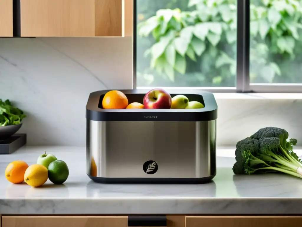 Contenedor de compost moderno en cocina con frutas y verduras Compostera de acero inoxidable en cocina con técnicas compostaje residuos orgánicos hogar