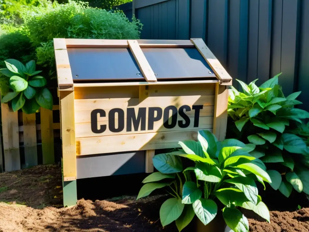 Compostera casera con materiales reciclados rodeada de exuberante vegetación bajo la luz del sol, transmitiendo sostenibilidad y belleza natural