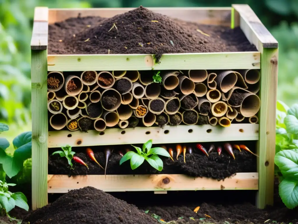 Una compostera casera con materiales reciclados rebosante de vida y nutrientes, un ejemplo de sostenibilidad y cuidado del medio ambiente