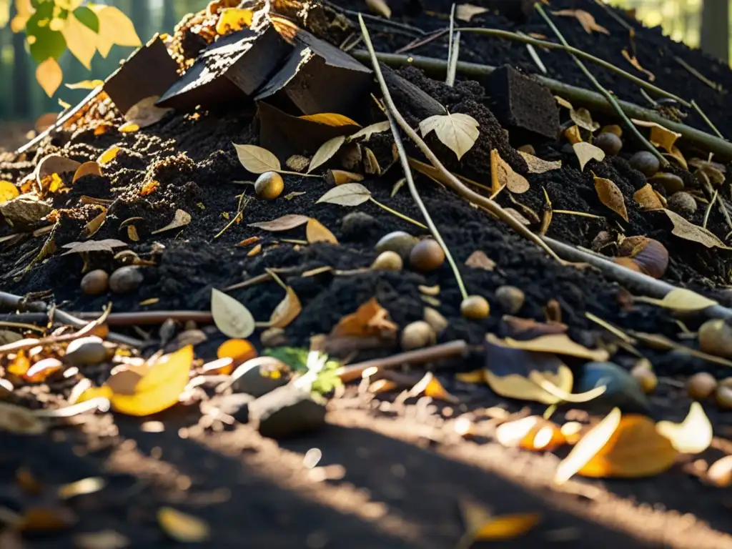 Una compostera en pleno bosque otoñal, muestra la descomposición natural de hojas y ramas