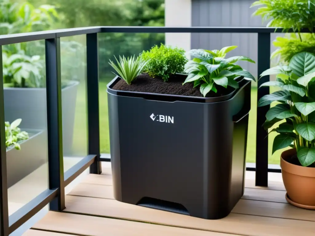 Una compostera urbana sin patio en un balcón acogedor, rodeada de plantas y herramientas de jardinería, bajo la suave luz del sol