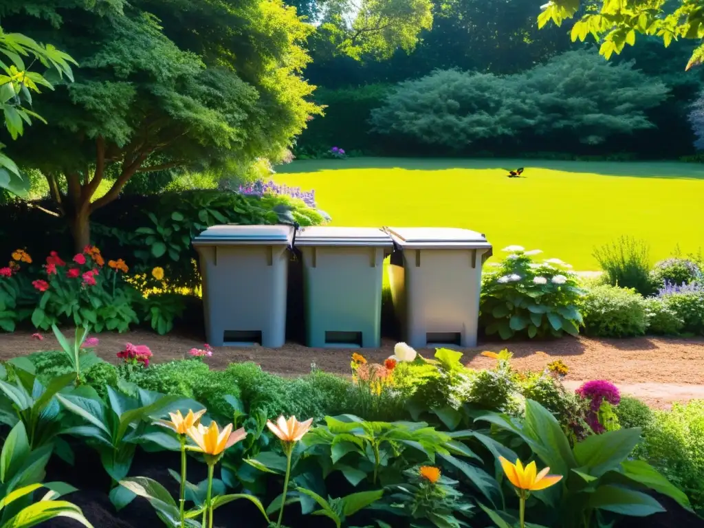 Un jardín próspero, con composteras ordenadas, rodeado de exuberante vegetación y flores coloridas