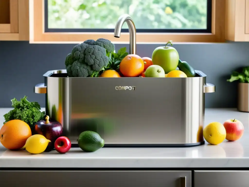 Un compostero moderno y elegante en una cocina luminosa, con frutas y verduras frescas