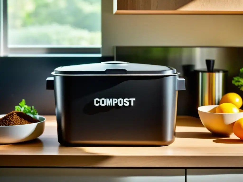 Contenedor de compostaje en la cocina: integración armoniosa Un compostero moderno y organizado en la encimera de la cocina, estrategias efectivas compostaje reciclaje hogar