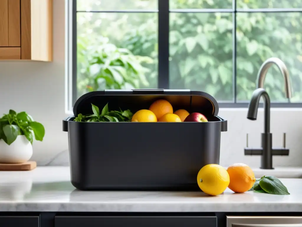 Un compostero negro mate descansa en una cocina moderna, junto a restos de frutas y café