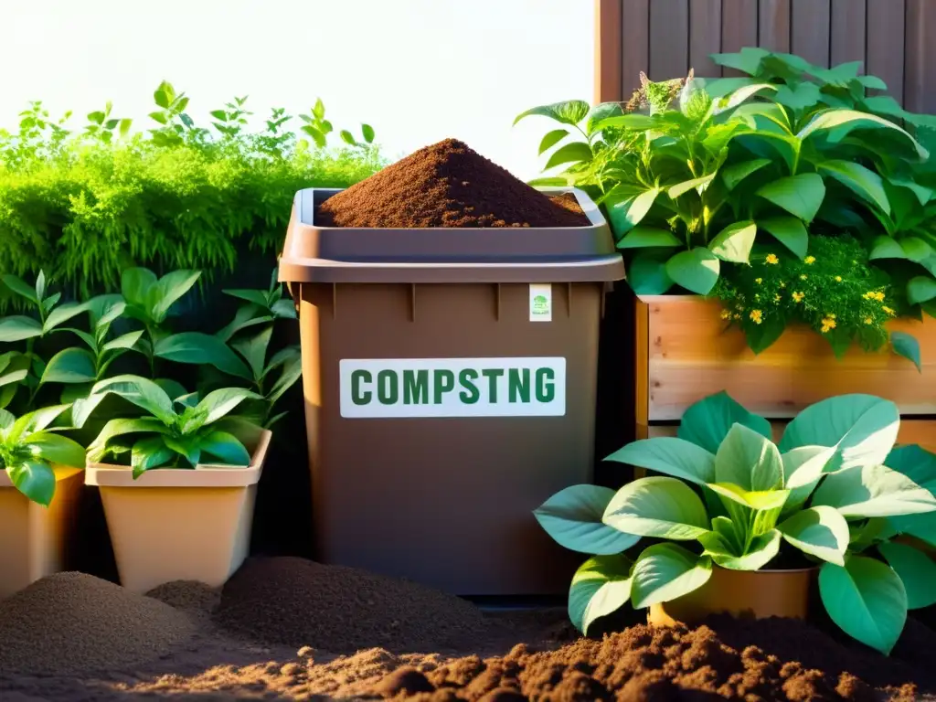 Un compostero bien organizado rodeado de plantas y flores, bañado por la luz del sol