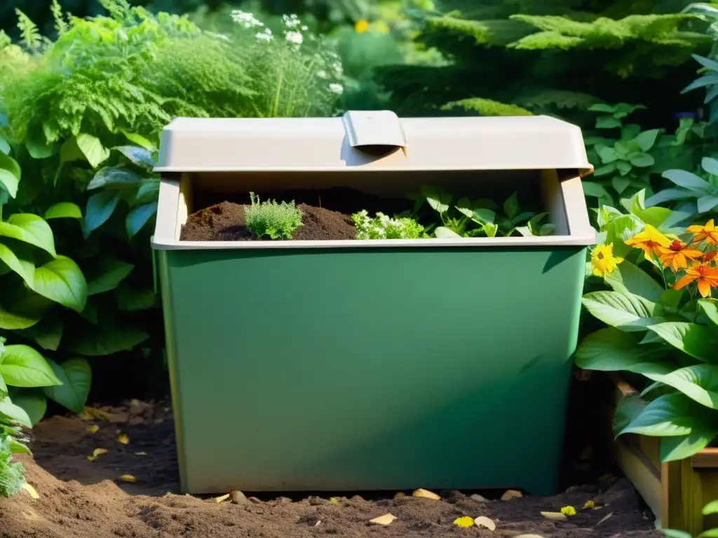 Un compostero en un jardín rodeado de plantas verdes y flores vibrantes, iluminado por el sol