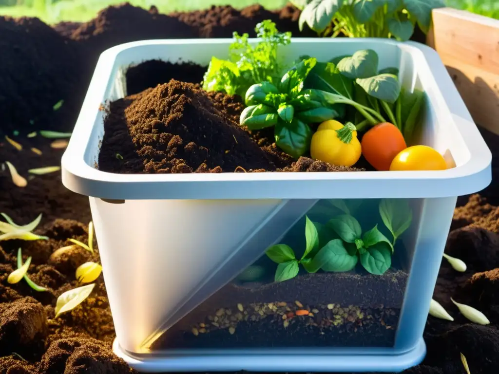 Un compostero transparente rebosante de tierra oscura y restos de vegetales, iluminado por una luz ecoeficiente