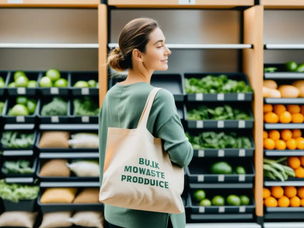 Compra responsable para reducir residuos: Persona sostenible con bolsa de compras en tienda zerowaste