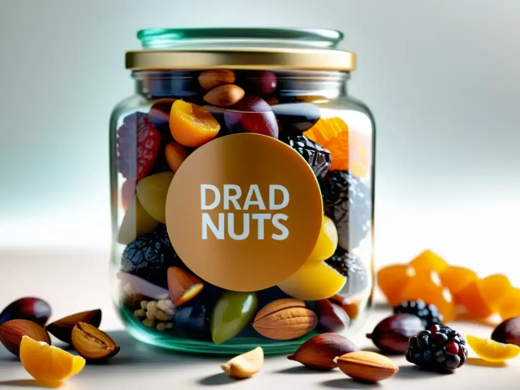 Compras a granel reducción residuos: Fotografía de tarro de vidrio con frutas secas y frutos secos coloridos, resaltando texturas y formas naturales