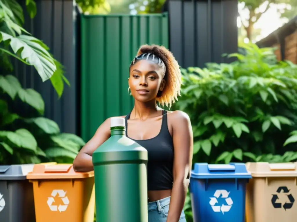 Influencer comprometido con el reciclaje, frente a un telón verde, con botella reutilizable y contenedor de compost