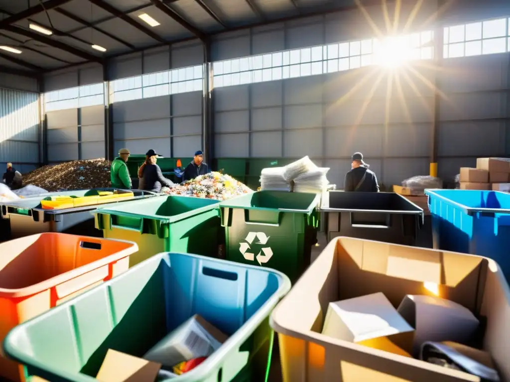 Una comunidad activa y comprometida en un centro de reciclaje, con trabajadores, materiales y luz cálida