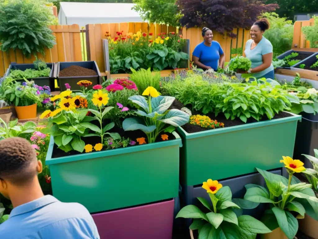 Una comunidad armoniosa disfruta de los beneficios del compostaje en un hermoso jardín comunitario lleno de plantas exuberantes y flores coloridas