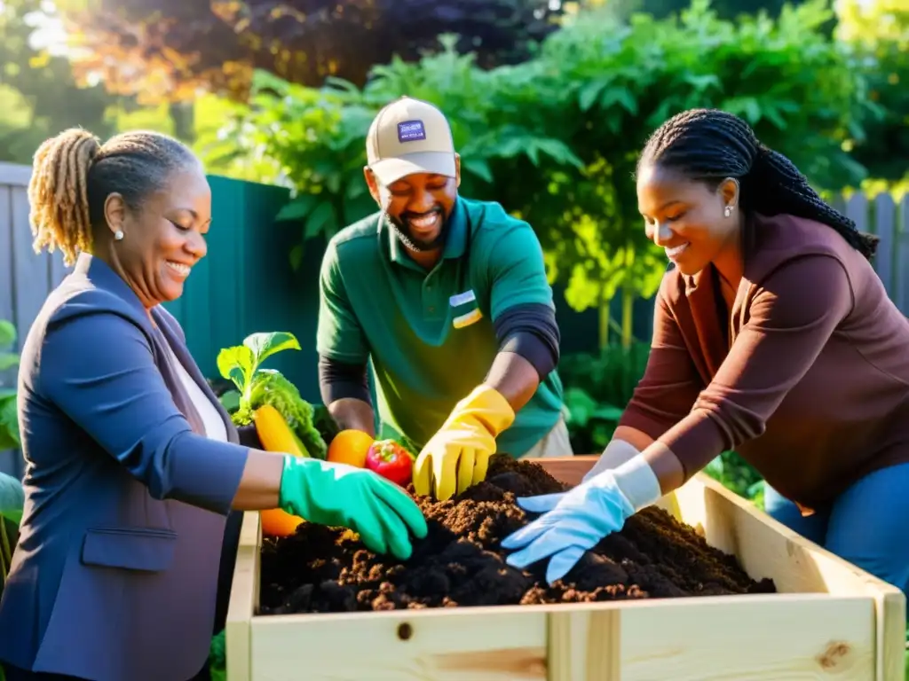 Una comunidad diversa e autoridades locales construyen juntos un compostaje en un jardín, irradiando colaboración y sostenibilidad