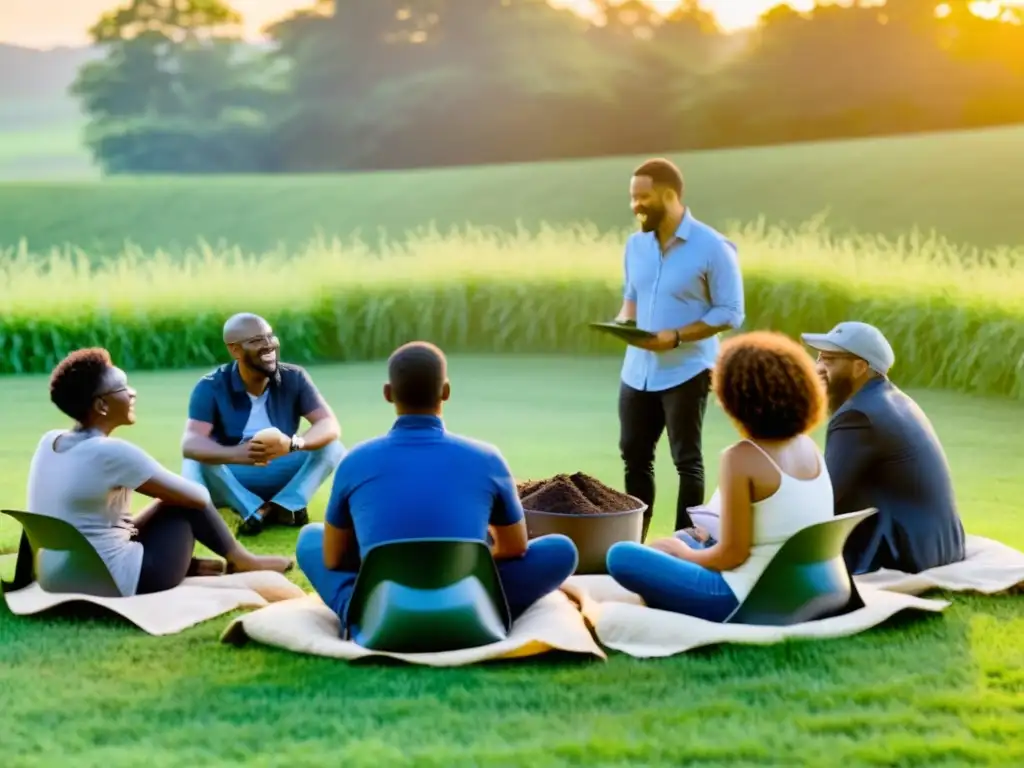 Comunidad diversa en círculo en campo verde, discutiendo sobre prohibiciones de vertederos sostenibilidad local al atardecer