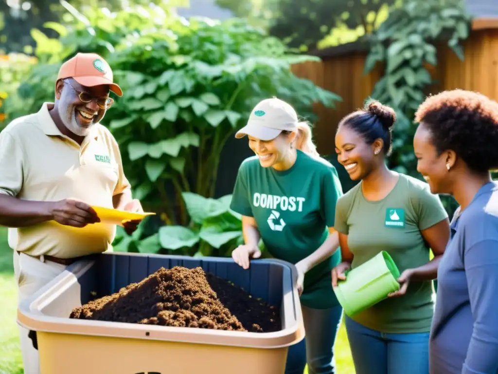 Comunidad diversa disfruta de los beneficios del compostaje en un jardín vibrante