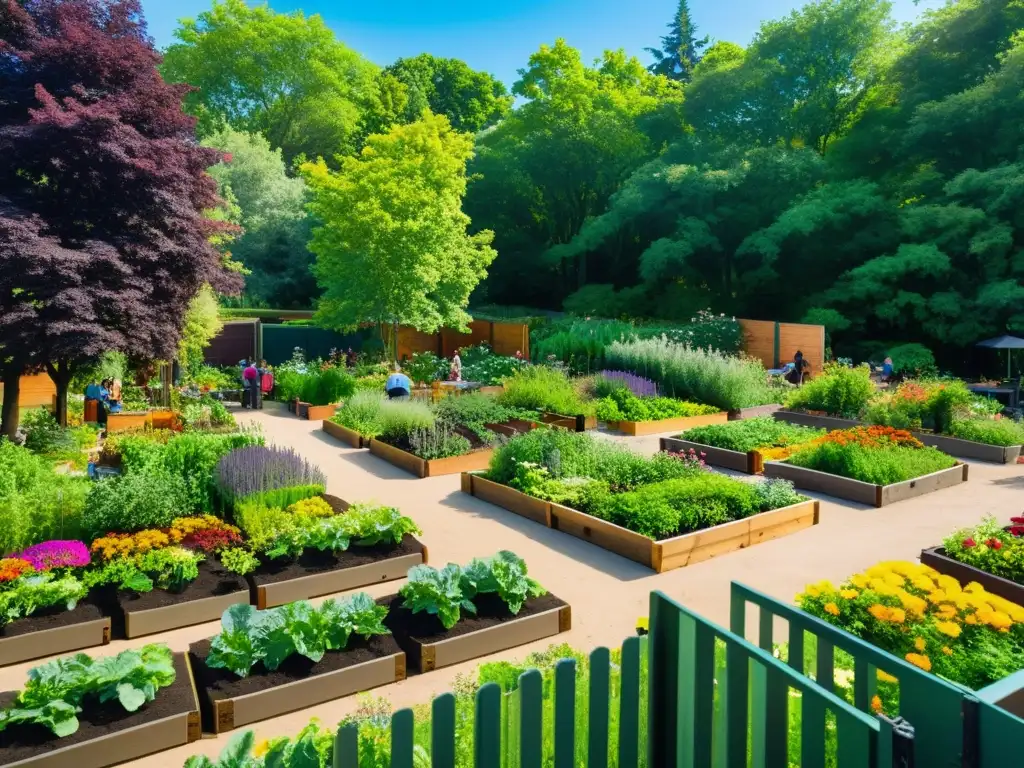 Una comunidad diversa cuidando un jardín con flores y plantas exuberantes