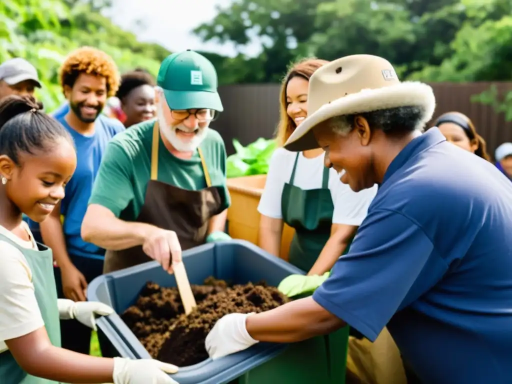 Comunidad diversa trabajando juntos en evento de compostaje y reciclaje comunitario, uniendo esfuerzos por un futuro sostenible