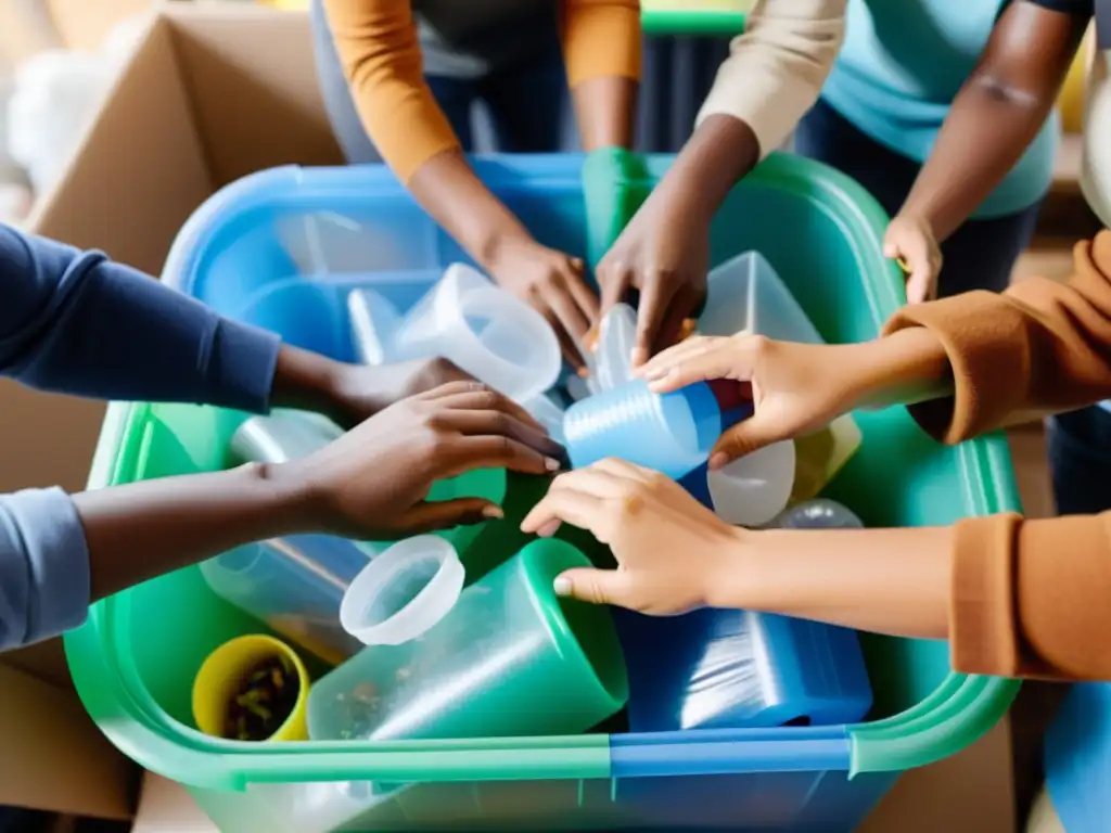 Comunidad diversa trabajando juntos en el reciclaje de plásticos, con luz natural brillante