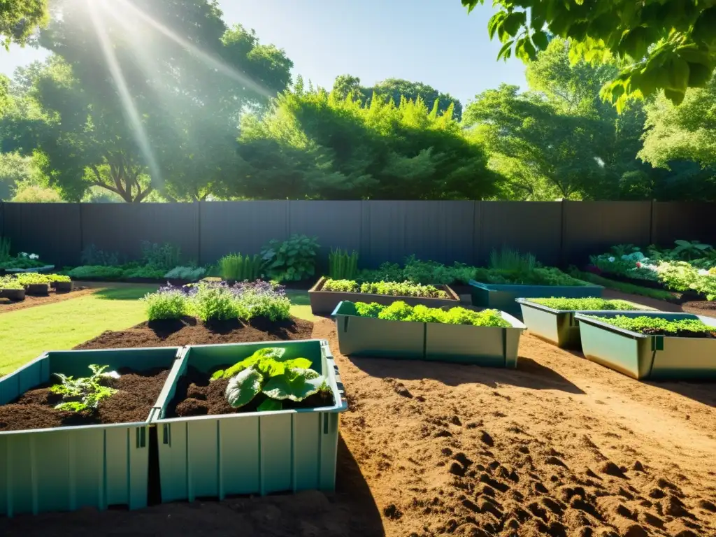 Comunidad promoviendo participación comunitaria compostaje en jardín ecológico con armonía natural