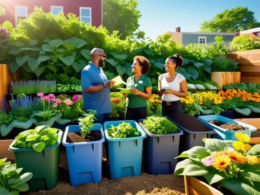 Colaboración en comunidad sostenible con compostaje y jardín urbano vibrante