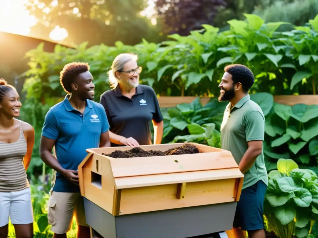 Comunidad sostenible reunida alrededor de equipo ideal compostaje en comunidades en jardín comunitario al atardecer